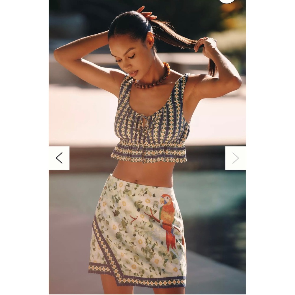 Celandine Anthropologie Crop Top S Blue Green Geometric Linen Blend Boho Summer